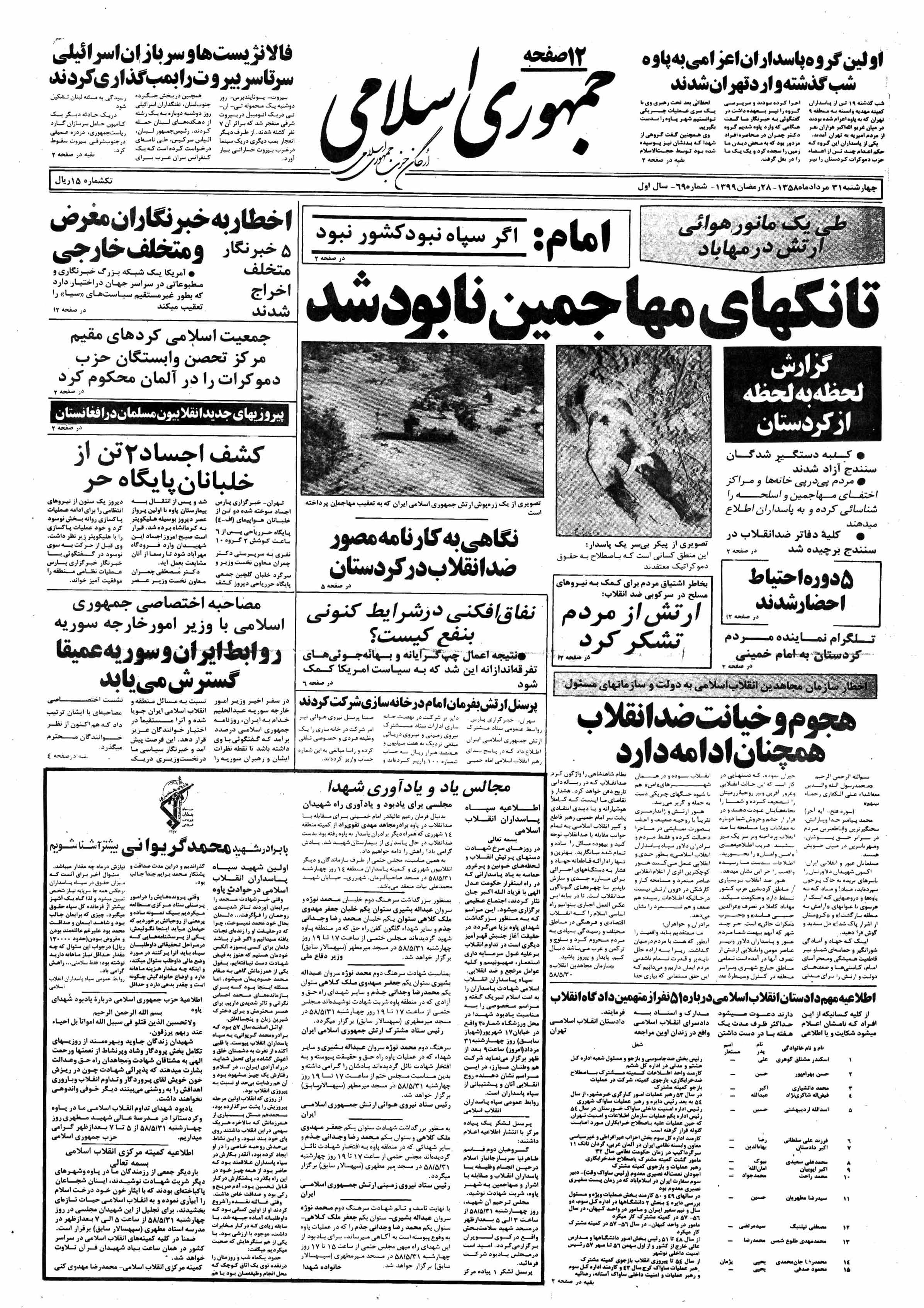 تصویر روزنامه جمهوری اسلامی 31 مرداد ۱۳۵۸
